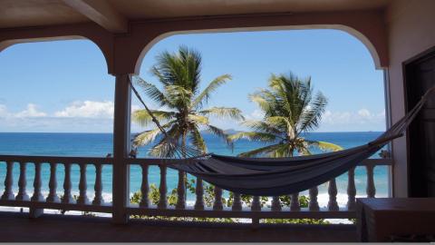 Covered balcony with hammock overlooking a tropical seaside and palm trees