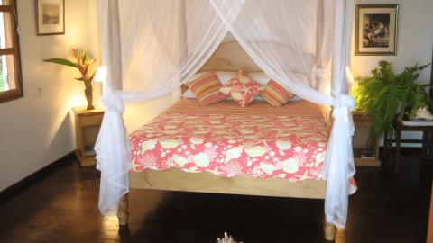 Cozy bedroom with four-poster bed, tropical decor, and wooden accents