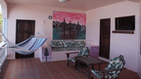 Outdoor patio with hammock, artistic wall painting, and tropical styled seating area.