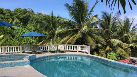 Luxurious tropical resort with curving blue-tiled pool, umbrellas, and lush palm trees