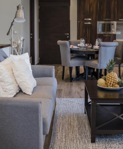 Stylish living room seamlessly connected to cozy dining area.