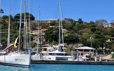 Scenic marina with sailboats and catamaran, lush hills and clear skies