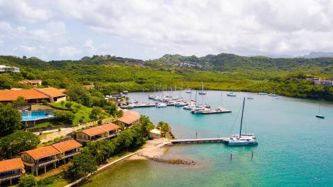 Tropical coastal scene with yachts, clear blue waters, and lush greenery in affluent area