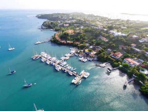 Aerial view of a bustling coastal marina with boats, surrounded by greenery and buildings.