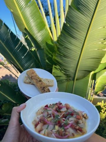Hand holding ceviche and flatbread with a tropical leaf background