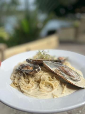 Gourmet linguine pasta with creamy sauce and mussels in a restaurant setting.