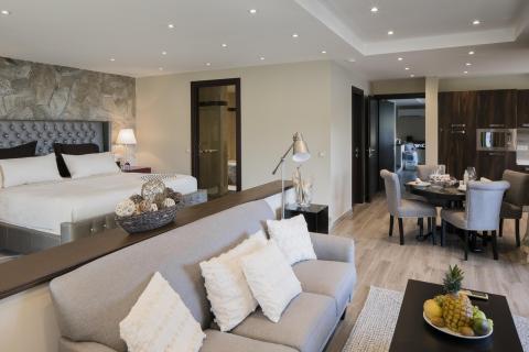 Elegant hotel suite with modern decor and sophisticated color scheme