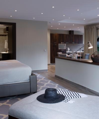 Modern studio with integrated bedroom and kitchen, stylish decor.