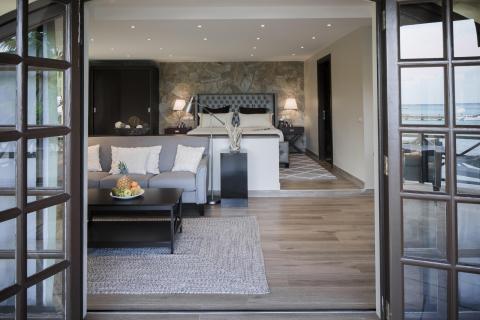 Stylish modern living room with gray sofa and natural light, connected to bedroom.