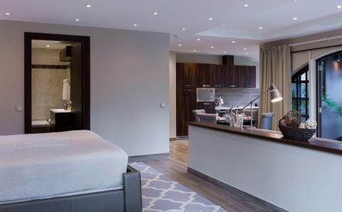 Modern studio apartment layout with distinct sleeping, dining, and kitchen areas.