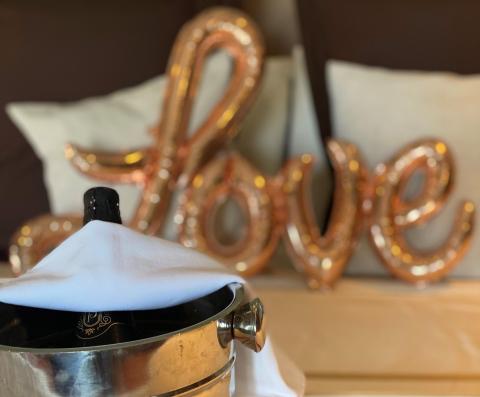 Silver champagne cooler with bottle and 