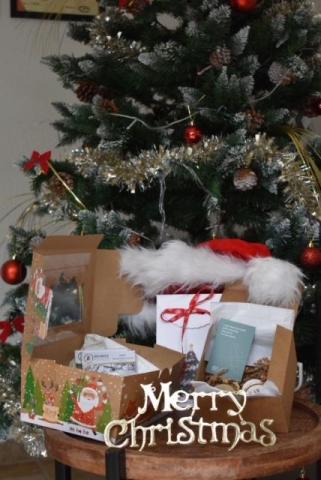 Christmas scene with decorated tree and gifts including DHL Express box.