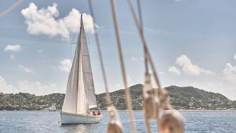 Sailboat on water with coastal town and sunny sky in the background