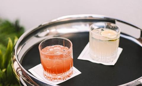 Two cocktails on a metal tray, one pink with ice, one clear with lemon slice.