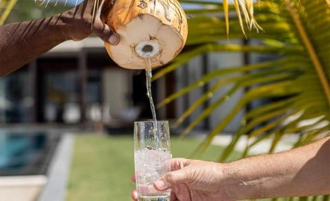 Person pouring coconut water into glass outdoors near modern home and tropical plants