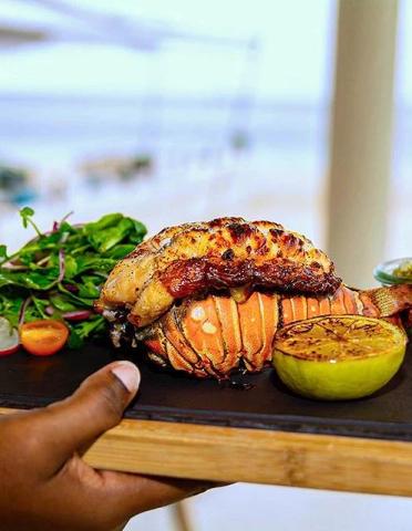 Grilled lobster with salad and lime served on wooden board in natural light.