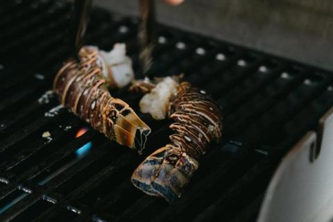 Grilled lobsters on BBQ showing grill marks and varied shell textures