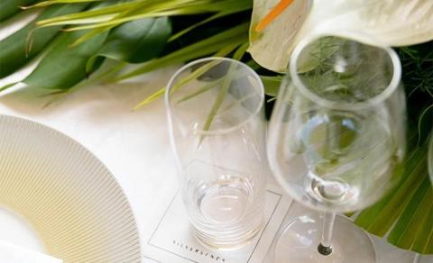 Elegant table setting with glassware, white plate, and greenery for dining event.
