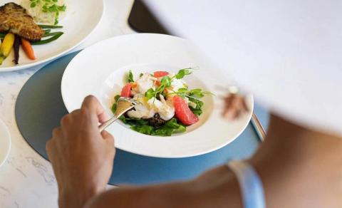 Person dining on salad and grilled fish at a healthy restaurant table
