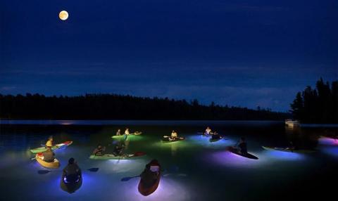 Nighttime kayaking on lake with colorful kayaks under full moon and silhouetted trees.