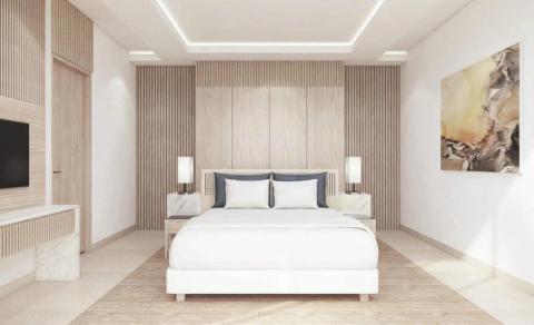 Modern bedroom with wood accents, white linens, and abstract art.