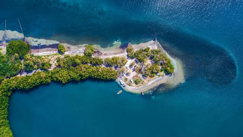 Aerial view of a lush green peninsula with boats near the sandy shore and clear blue waters.