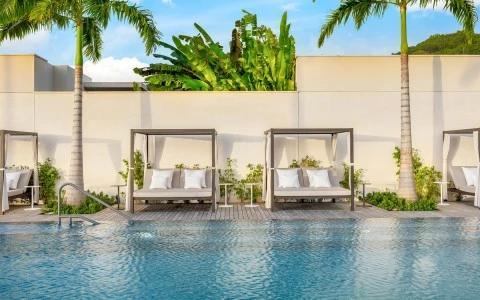 Luxurious outdoor pool with white loungers and palm trees under clear sky