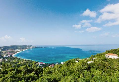 Scenic coastal landscape with lush greenery, sandy beach, and vibrant blue ocean