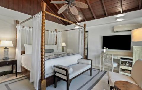 Modern tropical bedroom with canopy bed, wooden beams, and serene decor.