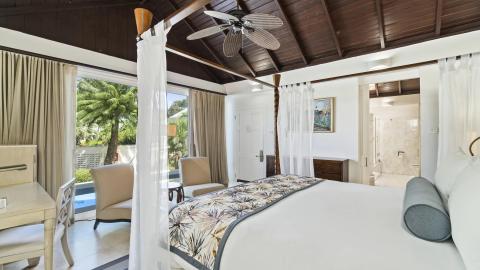 Modern bedroom with tropical theme, large bed, and view of palm trees.