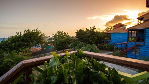 Sunset view over coastal blue buildings with tropical plants and sea backdrop.