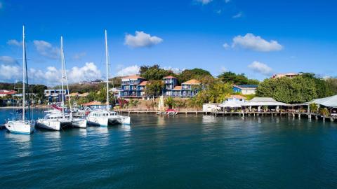 Sailboats and yachts on serene blue water with colorful coastal buildings and greenery.