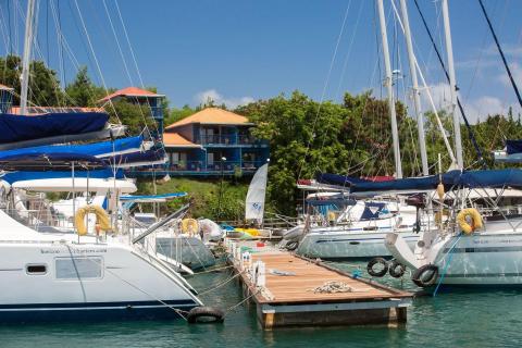 Marina with blue-covered sailboats, orange-roofed building, clear sky