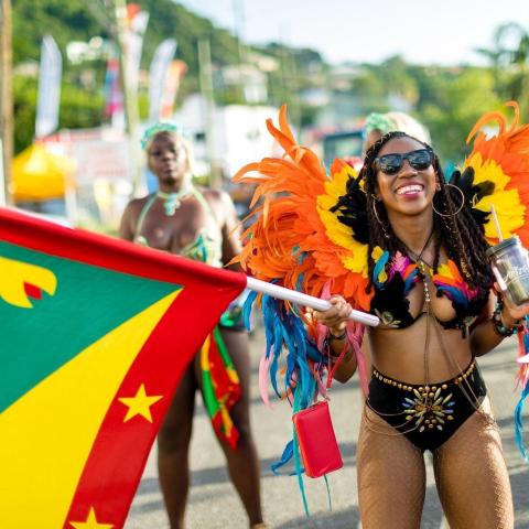 Woman in feathered costume at vibrant Caribbean festival