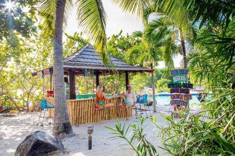 Tropical bar with thatched roof, people chatting, white sand, and sunny foliage.