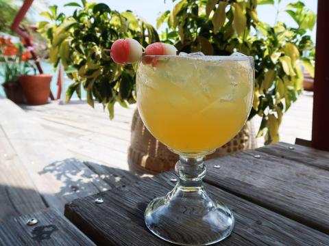 Tropical cocktail with fruit garnish on a table, waterfront background