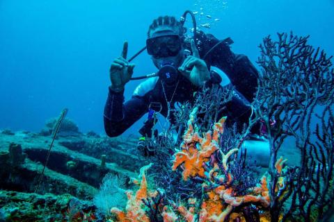 Scuba diver with raised fingers by colorful coral reef underwater.