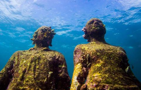 Underwater statues in marine ecosystem promoting biodiversity