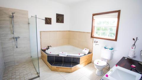 Spacious bathroom with walk-in shower, jacuzzi tub, and wooden cabinet.
