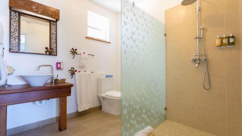 Modern bathroom with stone-framed mirror, glass shower, and decorative accents