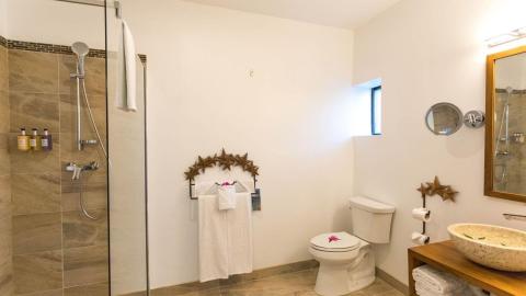 Modern bathroom with glass shower, wooden vanity, and stone sink.