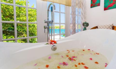 Luxurious bathtub with rose petals, scenic view, and floral decor.
