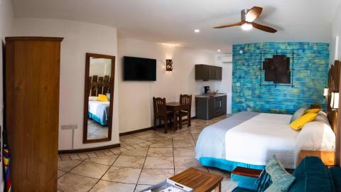 Studio apartment interior with equipped kitchen, cozy bed, and artistic wall design.