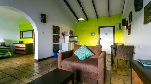 Eclectic lime-green room with arched doorways, wooden furniture, and vibrant accents.