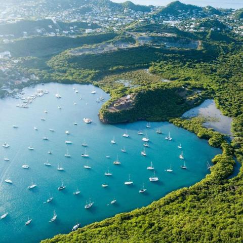 Aerial view of coastal bay with clear waters, greenery, sailboats, and distant town.