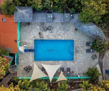 Aerial view of a secluded pool with turquoise water, lounge chairs, and lush greenery.