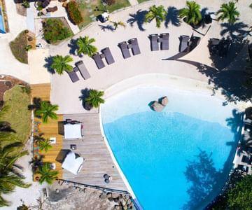 Aerial view of a teardrop-shaped pool at a tropical resort with loungers and trees.