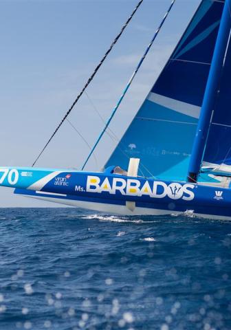 Barbados Sailing Adventure on Crystal Clear Waters Sailing boat with Barbados on its side cruising on water