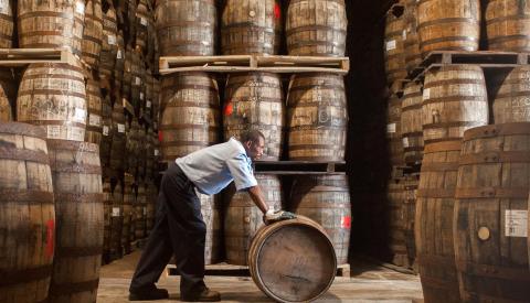 Barbados tradition of rum aging in barrels Worker handling barrels in a storage room