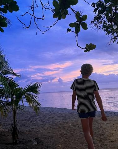 This image captures a serene beach scene at dusk